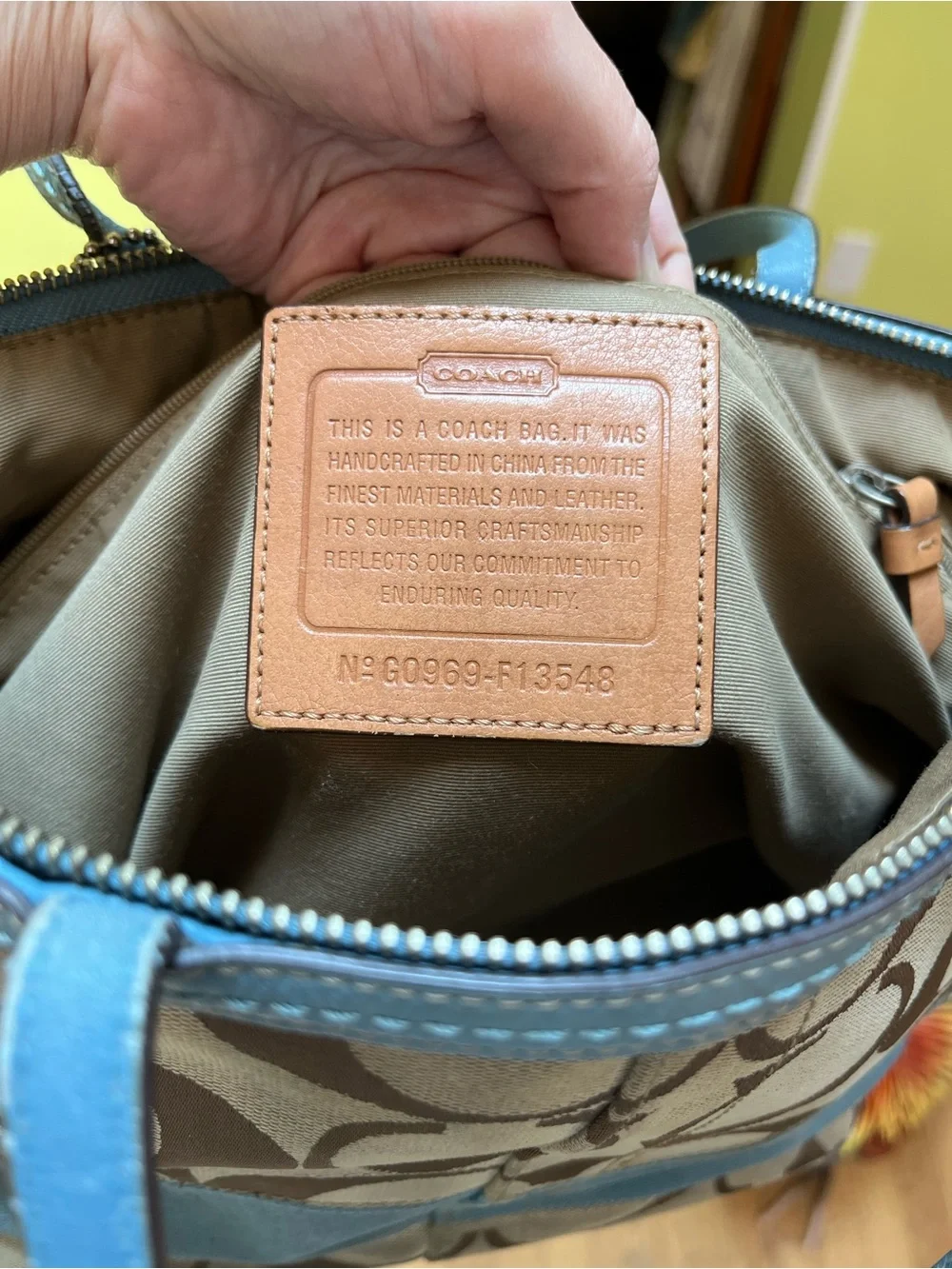 Coach Brown Signature Canvas Tote with Light Blue Trim